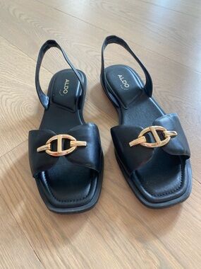 ALDO Black Leather Slingback Sandals with Gold Accent Size 9